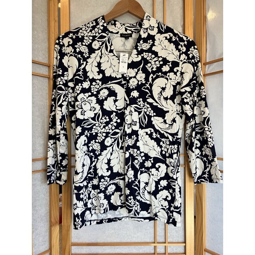 NWT Talbots Stretch Navy Blue White Long Sleeve VNeck Shirt Small MSRP $64.50
